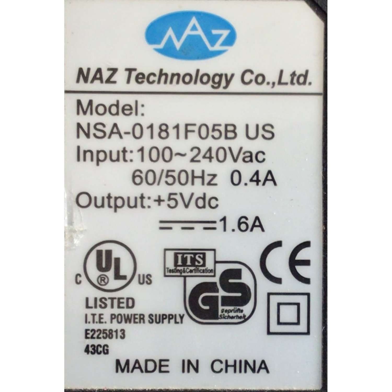 CARGADOR / ADAPTADOR DE FUENTE DE ALIMENTACION NAZ  VCA-VCD / NUMERO DE PARTE NSA-0181F05B / ENTRADA VCA 100-240V~ 60/50HZ 0.4A / SALIDA VCD 5V 1.6A / MODELO NSA-0181F05B - Imagen 2